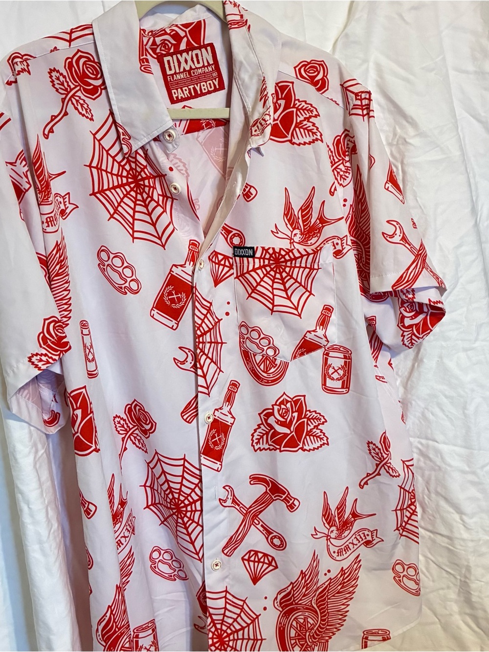 DIXXON White Short Sleeve Button-Down with Red Tattoo Print